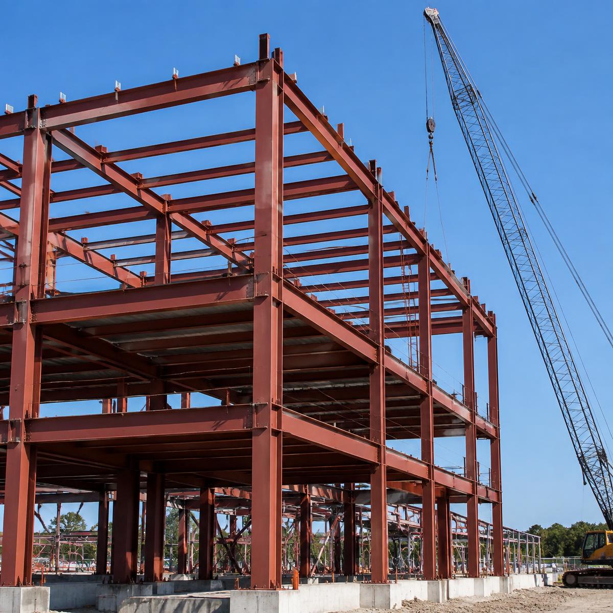 Structural steel building frame being assembled on a job site