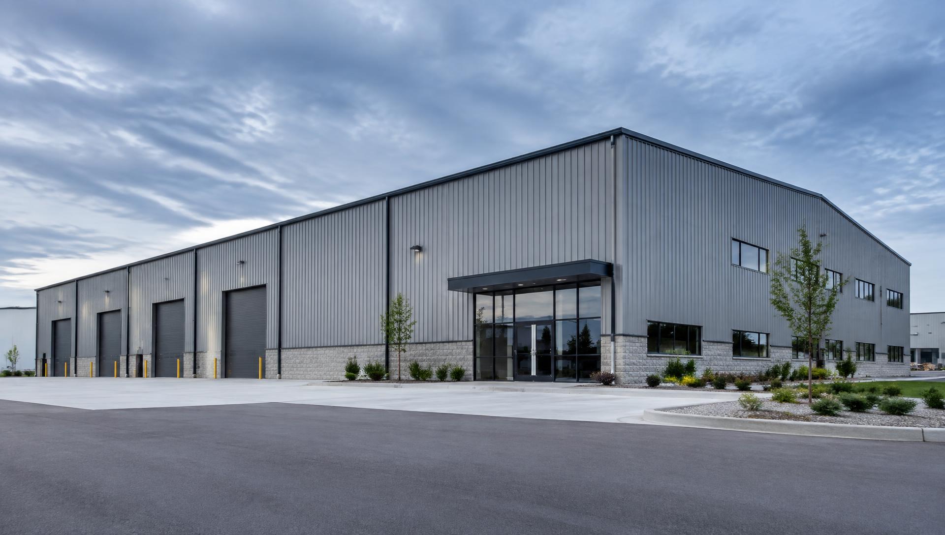 Modern gray steel industrial building with loading bays and a glass entrance