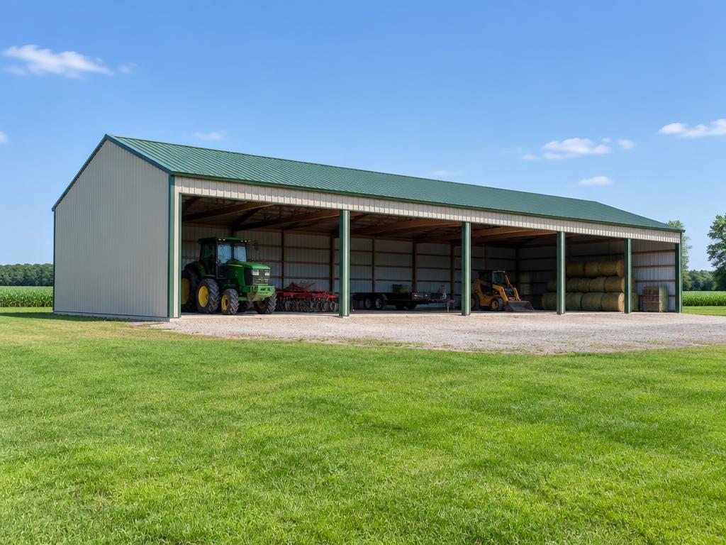 Open-bay agricultural metal building with farm equipment inside