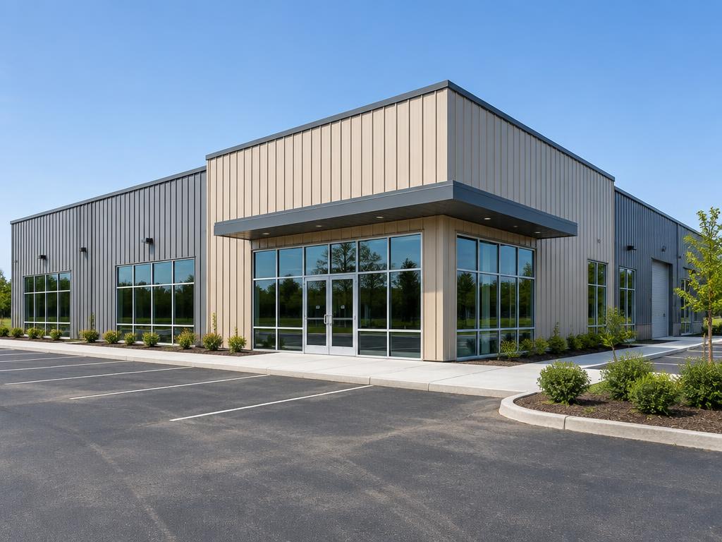 Tan and gray commercial metal building with storefront glass
