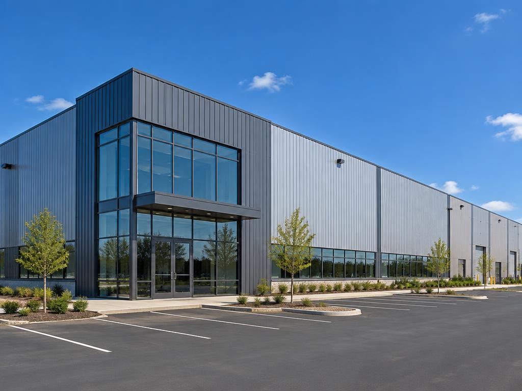 Commercial steel building with a glass entrance and metal cladding