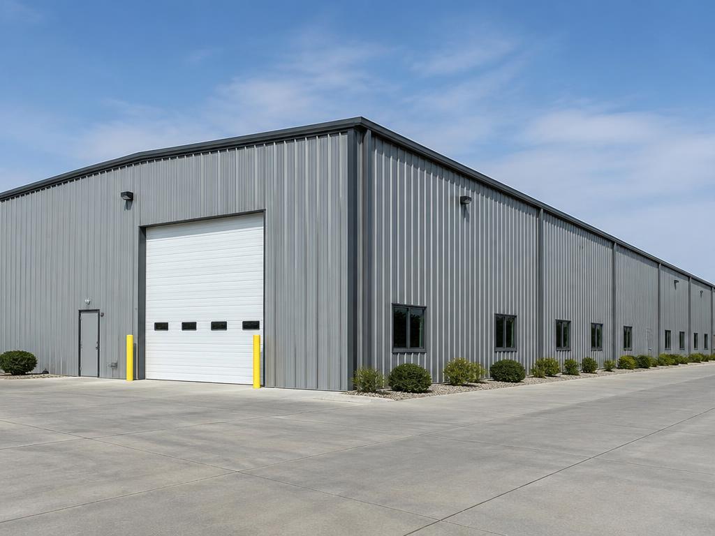 Gray pre-engineered metal building with a roll-up door